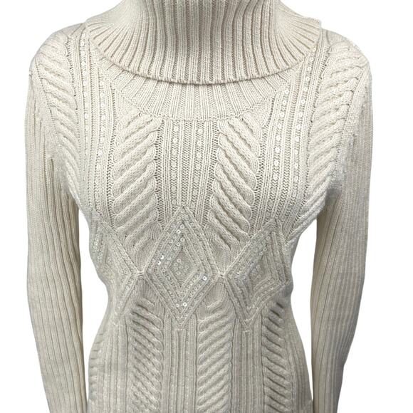 Talbots White Cable Knit Sequin Turtleneck Long Sleeve Pullover Sweater Top M - Picture 3 of 5